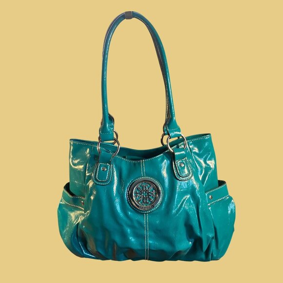 Turquoise Patent Vegan Leather Shoulder Bag With Embossed Medallion Design - Picture 1 of 11